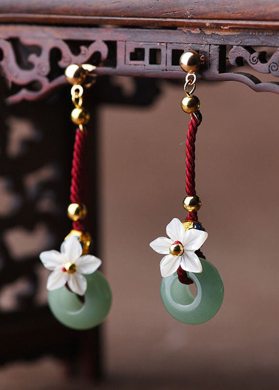 Vintage Green Shell Flower Jade 14K Gold Women's Drop Earrings