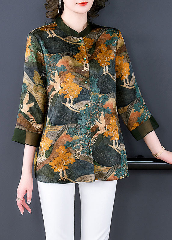 Vintage Green Stand Collar Button Tulle Patchwork Silk Shirt Top Bracelet Sleeve