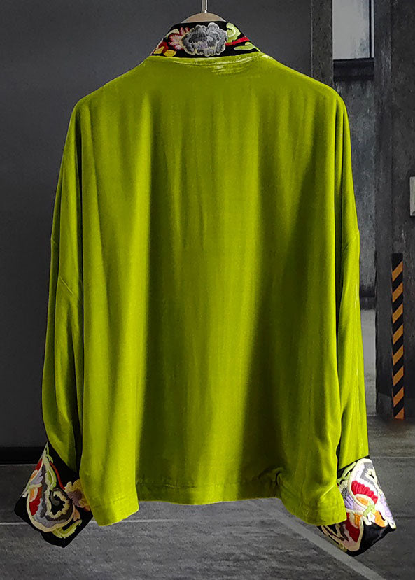 Vintage Green Stand Collar Embroidered Button Silk Velour Outwear Spring