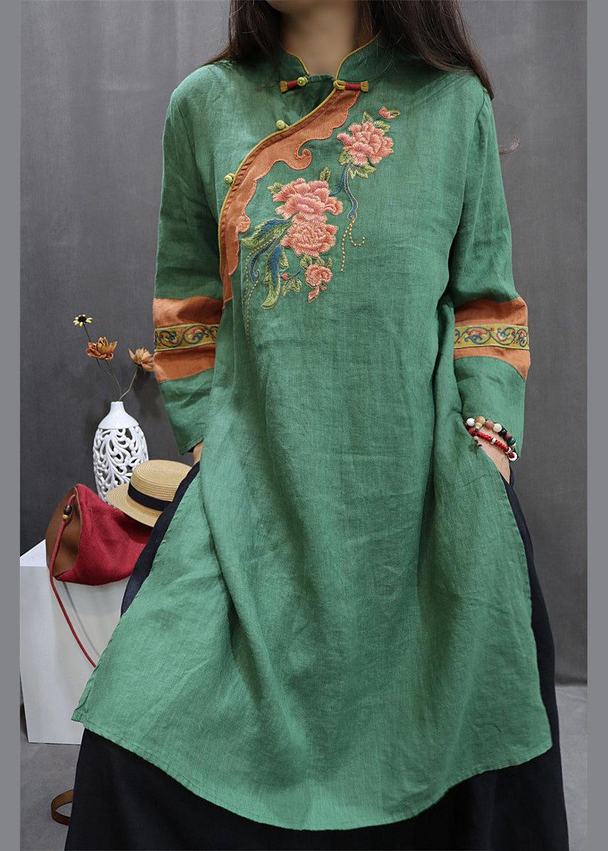 Vintage Green Stand Collar Embroidered Linen Holiday Dress Spring