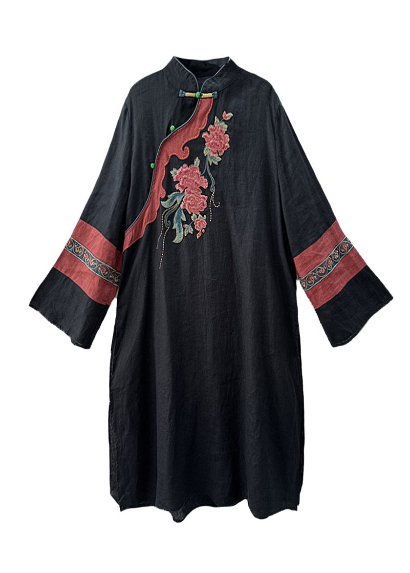 Vintage Green Stand Collar Embroidered Linen Holiday Dress Spring