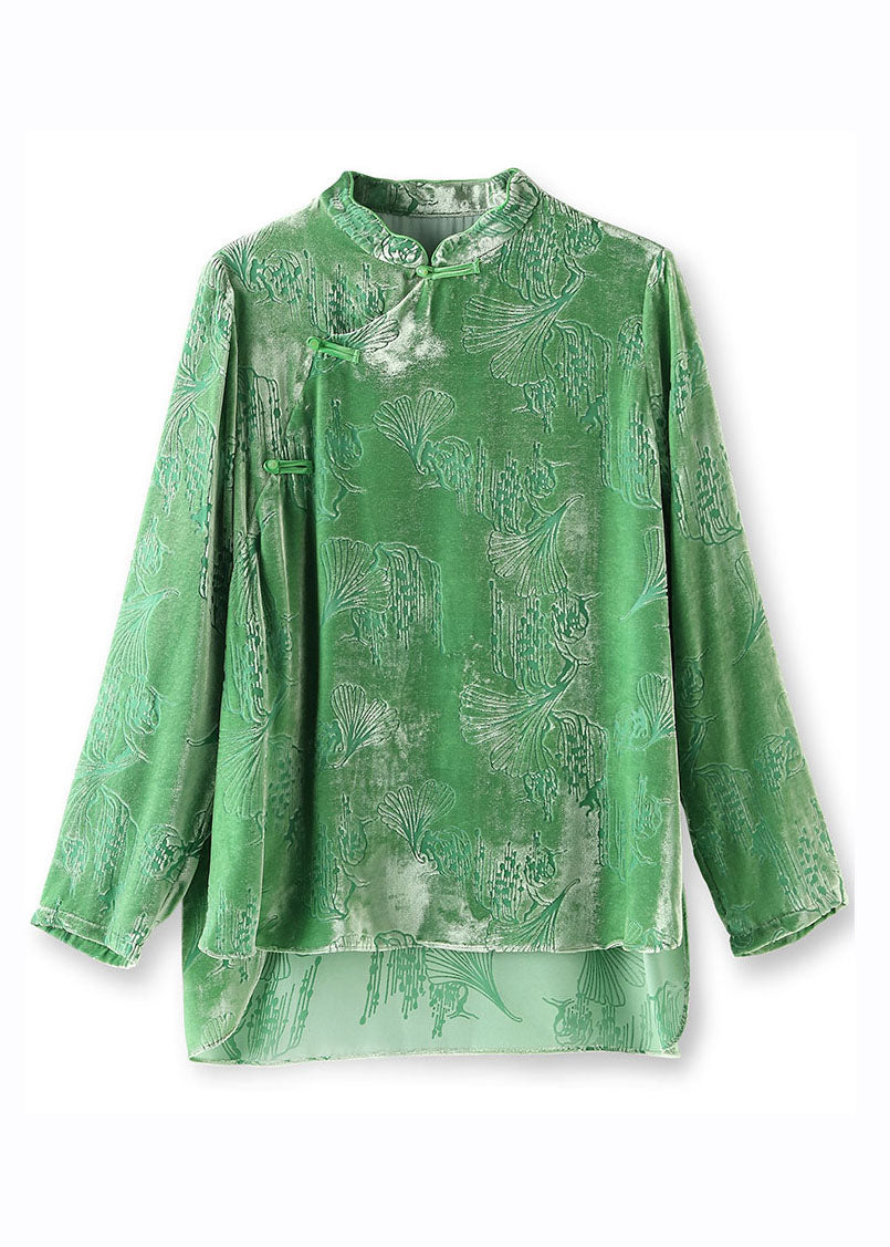 Vintage Green Stand Collar Low High Design Silk Velour Tops Long Sleeve