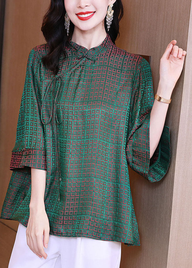 Vintage Green Stand Collar Oriental Button Plaid Jacquard Silk Shirt Tops Bracelet Sleeve