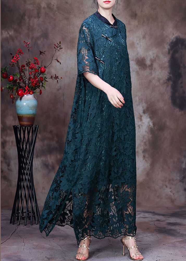 Vintage Green Stand Collar Patchwork Side Open Lace Long Dresses Half Sleeve