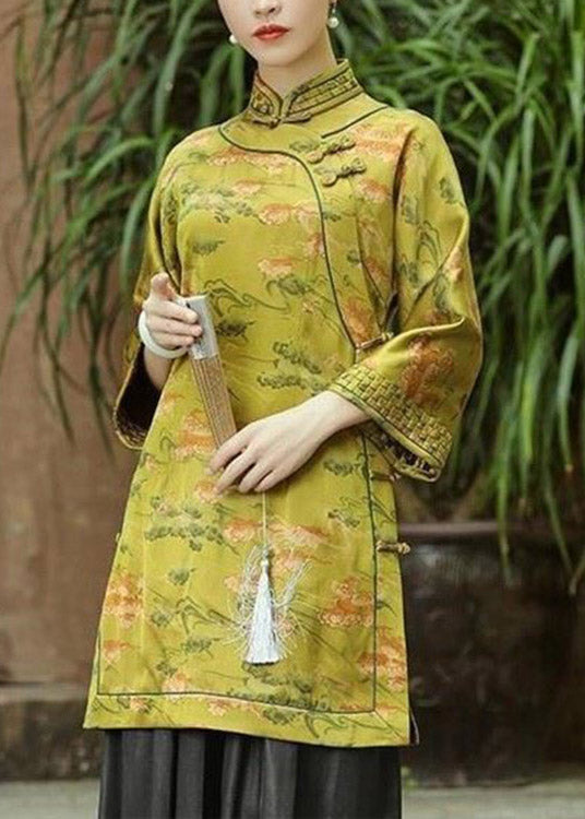 Vintage Green Stand Collar Print Button Side Open Shirts Long Sleeve
