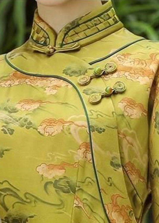 Vintage Green Stand Collar Print Button Side Open Shirts Long Sleeve