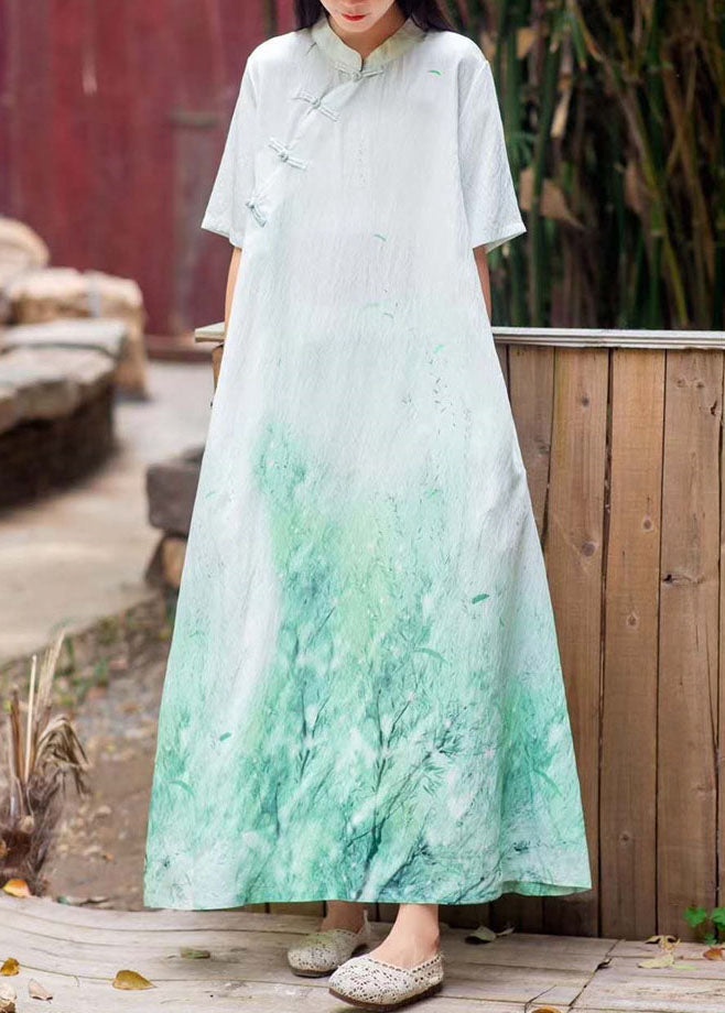 Vintage Green Stand Collar Print Chinese Button Patchwork Linen Dresses Summer
