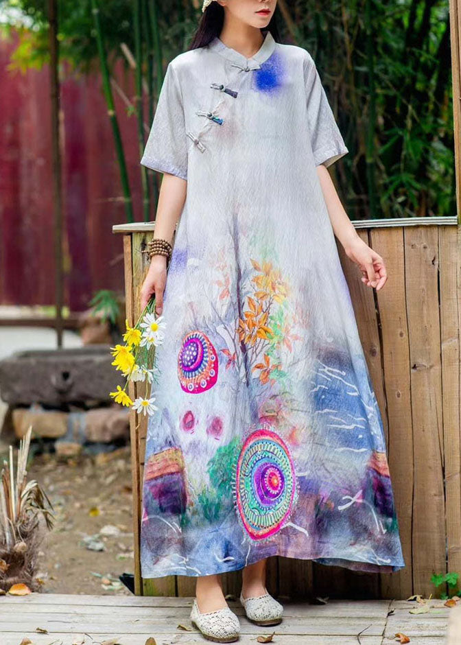 Vintage Green Stand Collar Print Chinese Button Patchwork Linen Dresses Summer