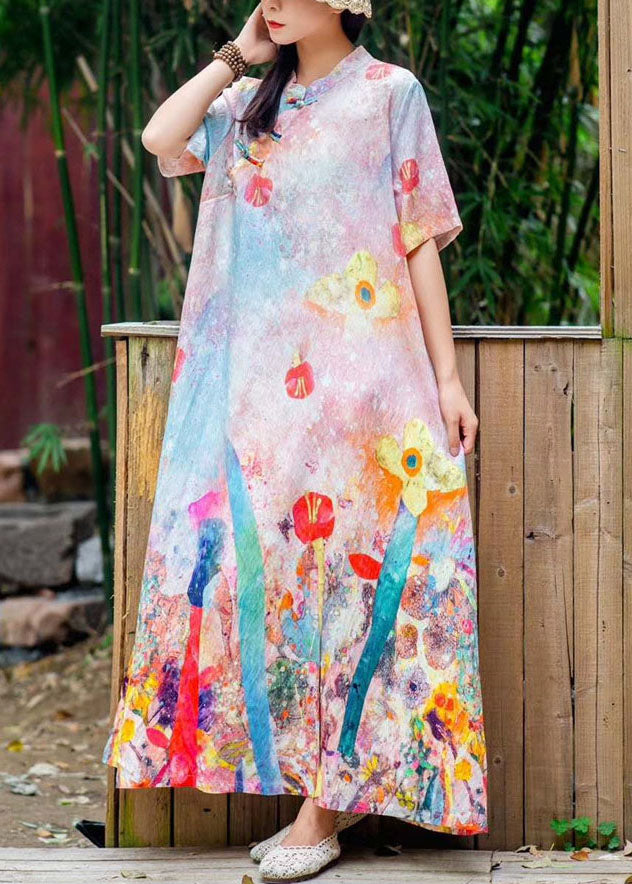 Vintage Green Stand Collar Print Chinese Button Patchwork Linen Dresses Summer
