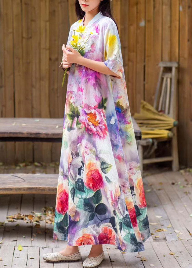 Vintage Green Stand Collar Print Chinese Button Patchwork Linen Dresses Summer