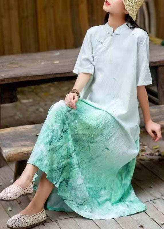 Vintage Green Stand Collar Print Chinese Button Patchwork Linen Dresses Summer