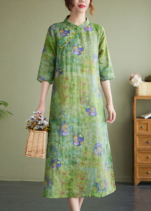 Vintage Green Stand Collar Print Side Open Cotton Linen Cheongsam Dress Half Sleeve