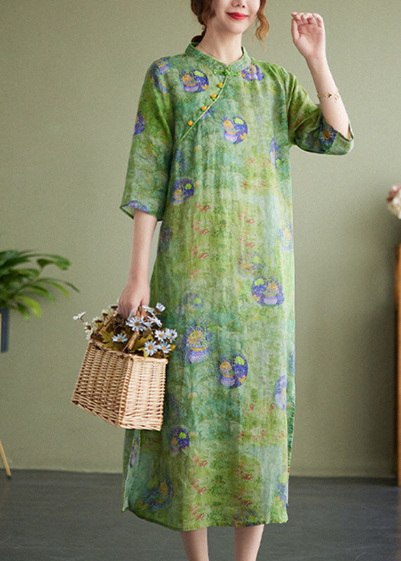 Vintage Green Stand Collar Print Side Open Cotton Linen Cheongsam Dress Half Sleeve