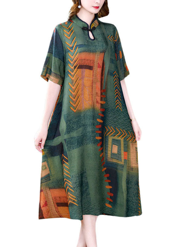 Vintage Green Stand Collar Print Side Open Patchwork Silk Dresses Summer