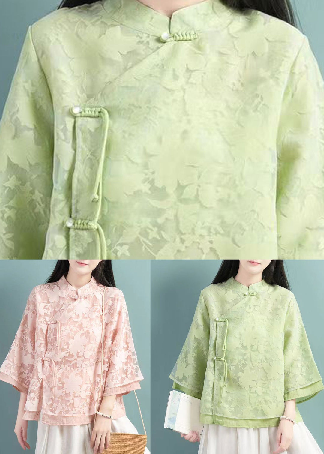 Vintage Green Stand Collar Tasseled Patchwork Tulle Shirt Tops Fall