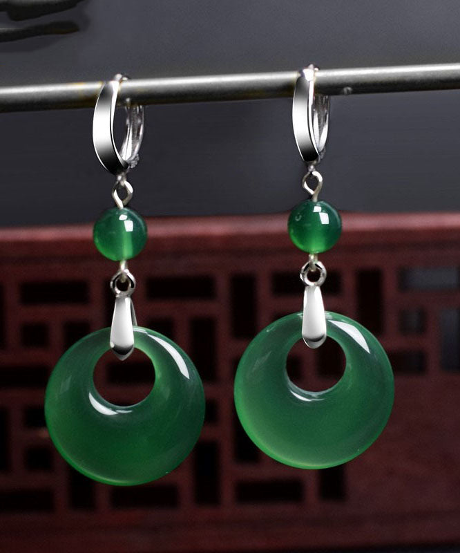 Vintage Green Sterling Silver Inlaid Chalcedony Drop Earrings