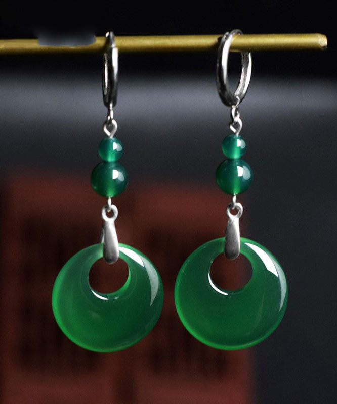 Vintage Green Sterling Silver Inlaid Chalcedony Drop Earrings