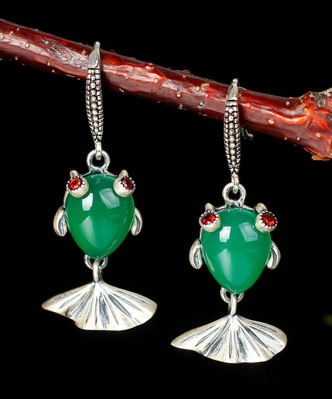 Vintage Green Sterling Silver Inlaid Gem Stone Chalcedony Goldfish Drop Earrings
