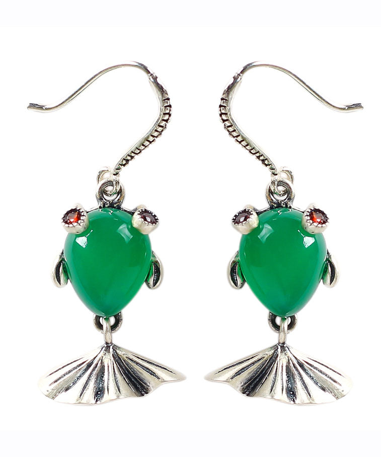Vintage Green Sterling Silver Inlaid Gem Stone Chalcedony Goldfish Drop Earrings