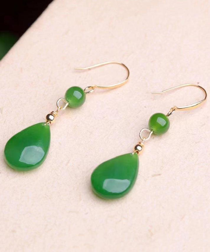 Vintage Green Sterling Silver Inlaid Jade Water Drop Drop Earrings