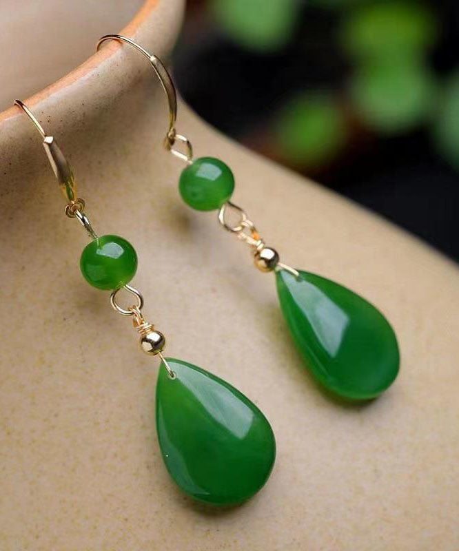Vintage Green Sterling Silver Inlaid Jade Water Drop Drop Earrings