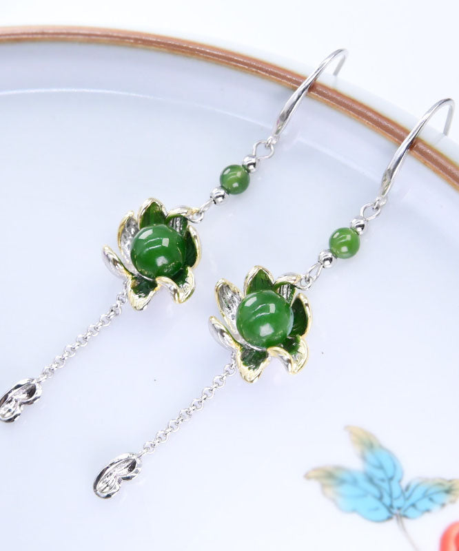 Vintage Green Sterling Silver Jade Floral Drop Earrings