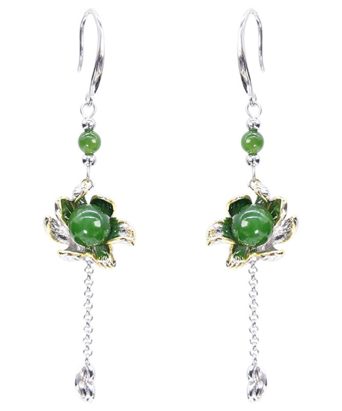 Vintage Green Sterling Silver Jade Floral Drop Earrings