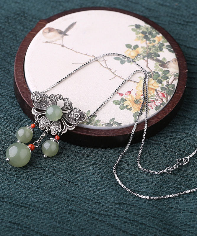 Vintage Green Sterling Silver Jade Floral Pendant Necklace - Omychic