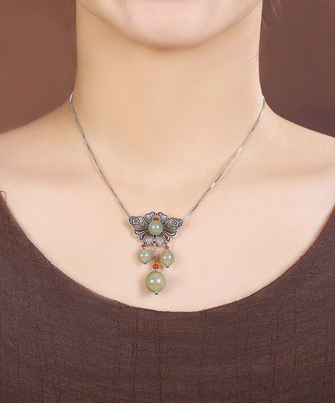 Vintage Green Sterling Silver Jade Floral Pendant Necklace - Omychic