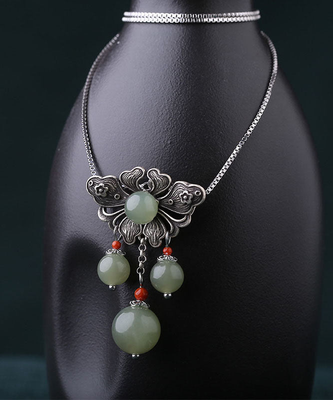Vintage Green Sterling Silver Jade Floral Pendant Necklace - Omychic