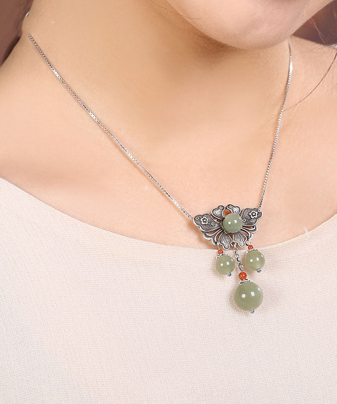 Vintage Green Sterling Silver Jade Floral Pendant Necklace - Omychic
