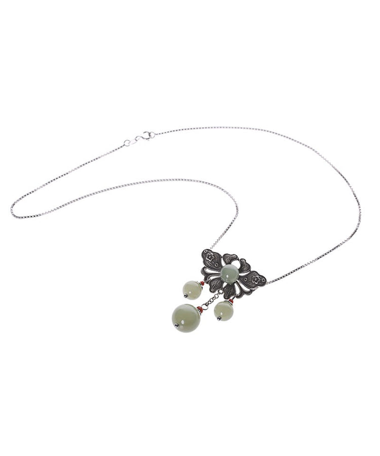 Vintage Green Sterling Silver Jade Floral Pendant Necklace - Omychic