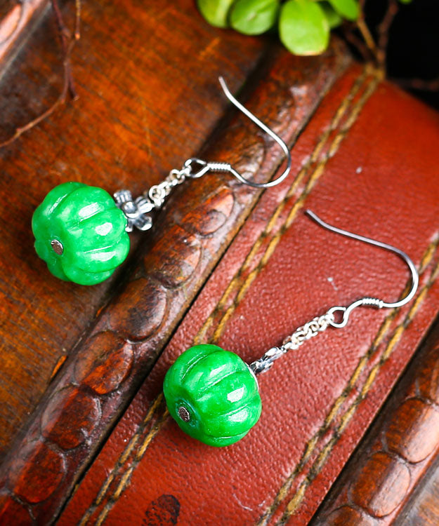Vintage Green Sterling Silver Jade Pumpkin Drop Earrings