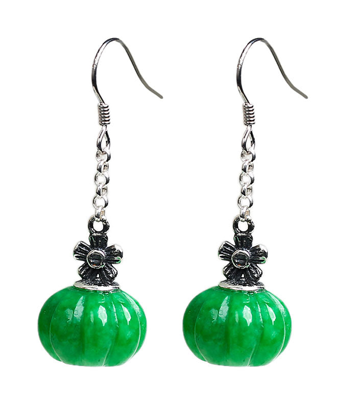 Vintage Green Sterling Silver Jade Pumpkin Drop Earrings