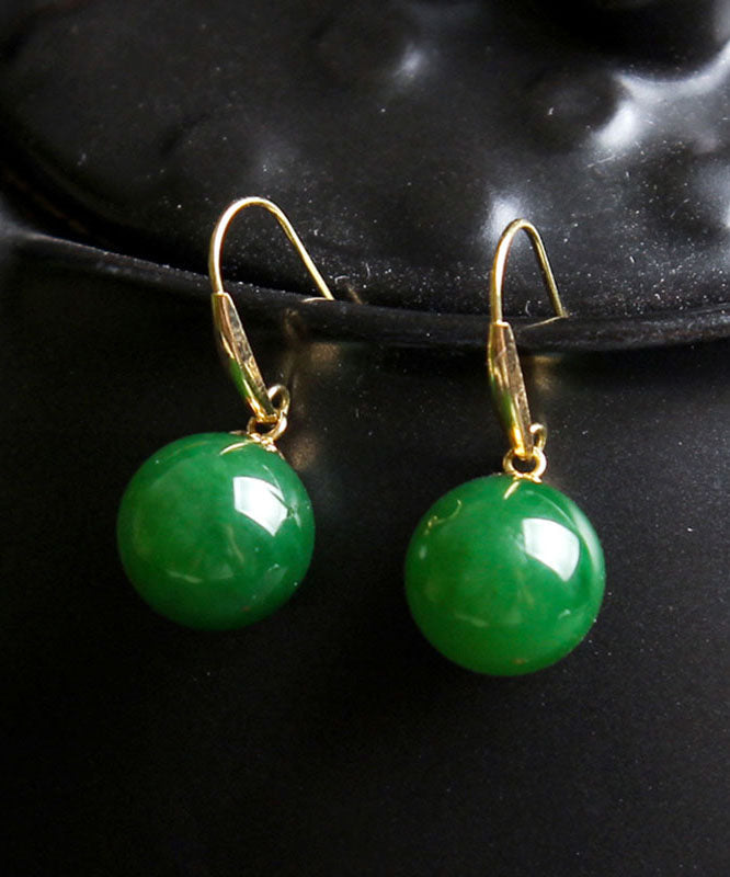 Vintage Green Sterling Silver Overgild Jade Circular Drop Earrings
