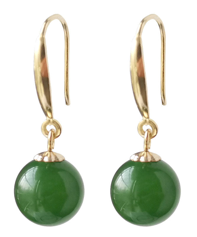 Vintage Green Sterling Silver Overgild Jade Circular Drop Earrings