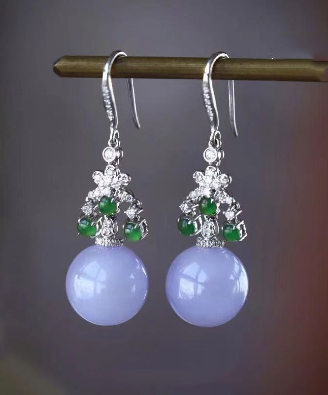 Vintage Green Sterling Silver Zircon Jade Ball Drop Earrings