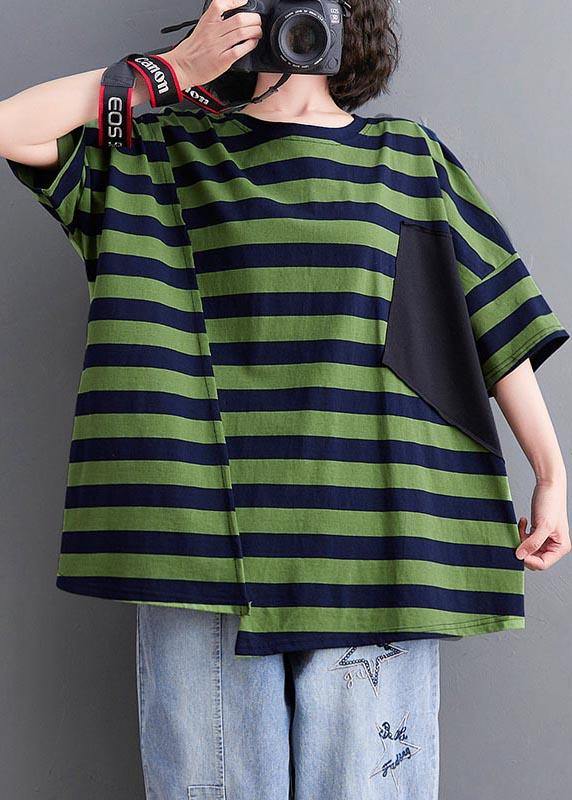 Vintage Green Striped asymmetrical design Cotton Summer Top - Omychic