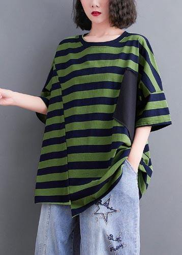 Vintage Green Striped asymmetrical design Cotton Summer Top - Omychic