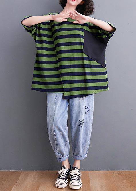 Vintage Green Striped asymmetrical design Cotton Summer Top - Omychic