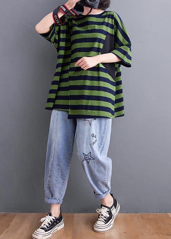 Vintage Green Striped asymmetrical design Cotton Summer Top - Omychic