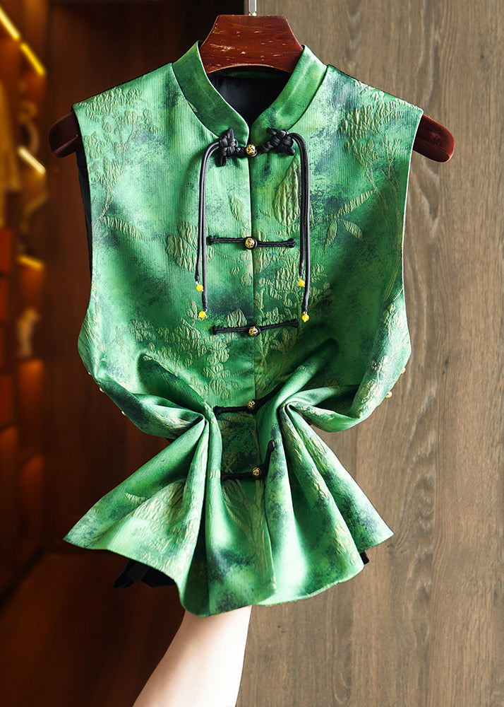 Vintage Green Tasseled Jacquard Patchwork Silk Vest Sleeveless