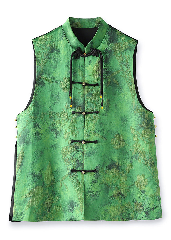 Vintage Green Tasseled Jacquard Patchwork Silk Vest Sleeveless