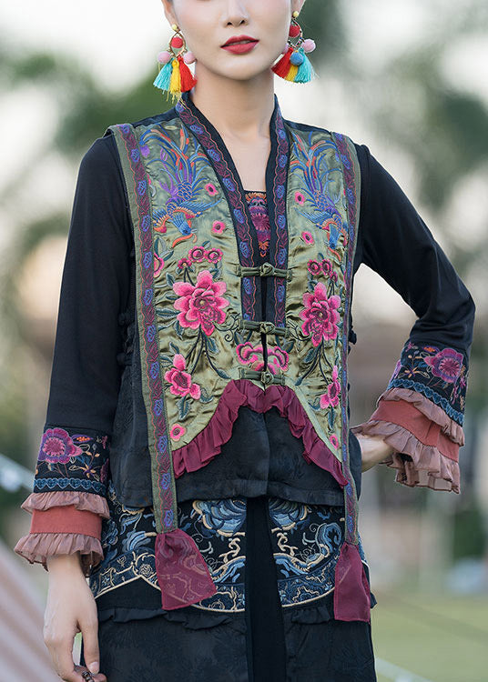 Vintage Green V Neck Embroidered Floral Button Satins Waistcoat Spring