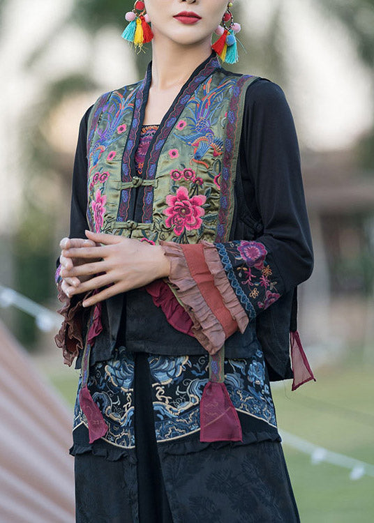 Vintage Green V Neck Embroidered Floral Button Satins Waistcoat Spring
