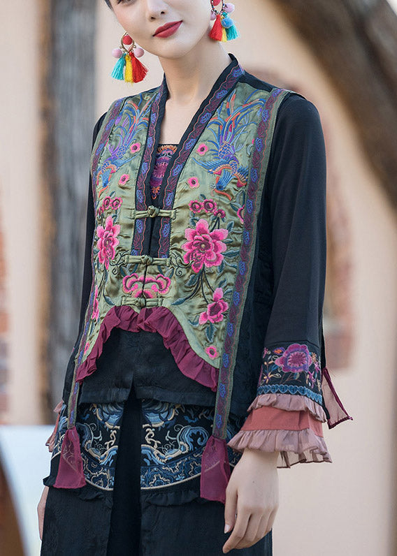 Vintage Green V Neck Embroidered Floral Button Satins Waistcoat Spring