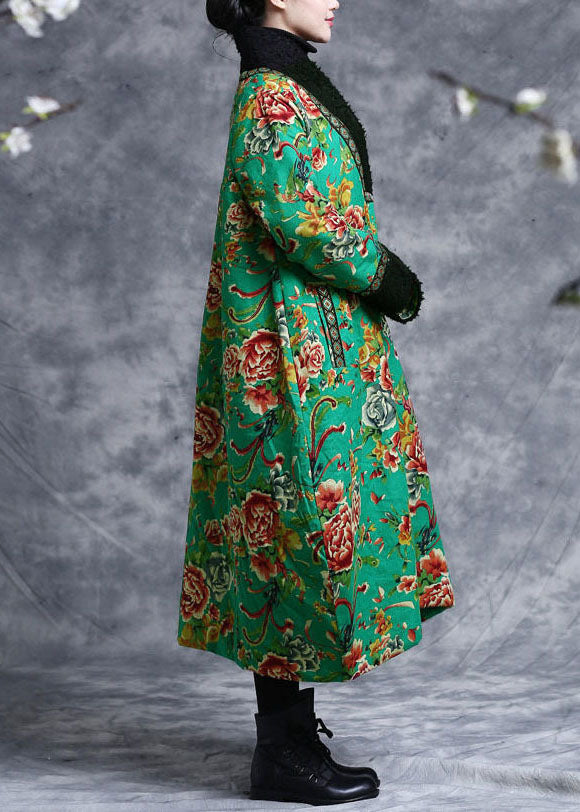Vintage Green V Neck Patchwork Teddy Faux Fur Fine Cotton Filled Dress Caftan Winter