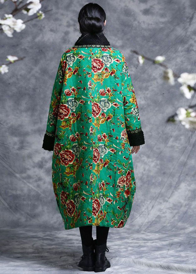 Vintage Green V Neck Patchwork Teddy Faux Fur Fine Cotton Filled Dress Caftan Winter