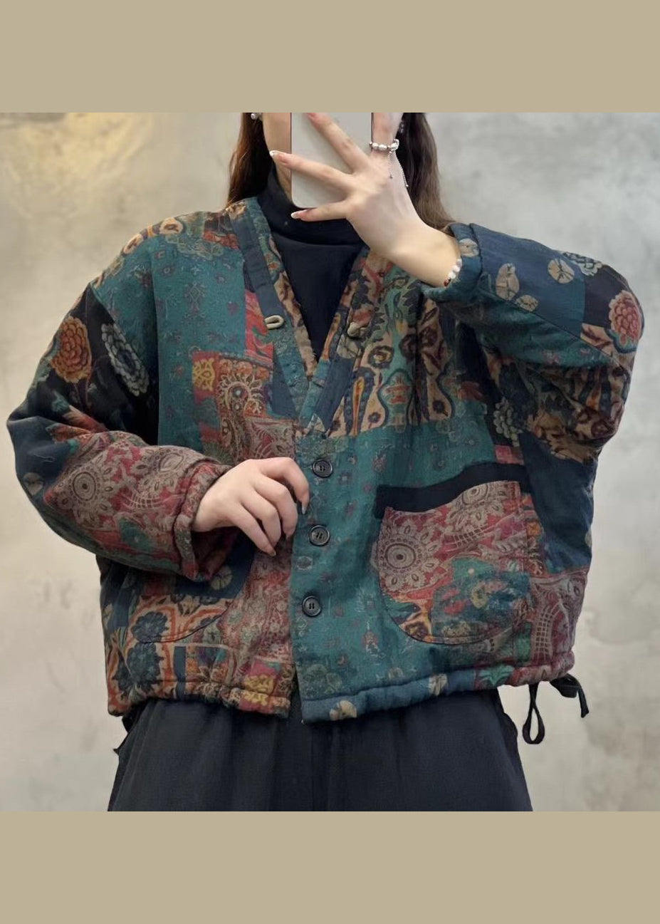 Vintage Green V Neck Pockets Print Fine Cotton Filled Jackets Spring