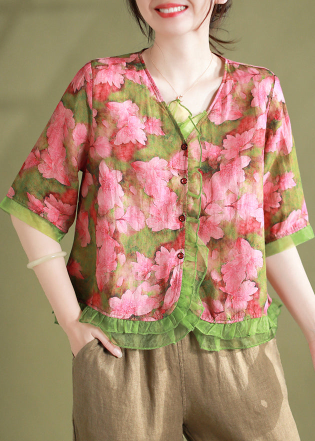 Vintage Green V Neck Print Patchwork Linen Shirts Summer